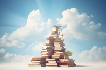 Abstract Book Stack With Ladder On Sky Background