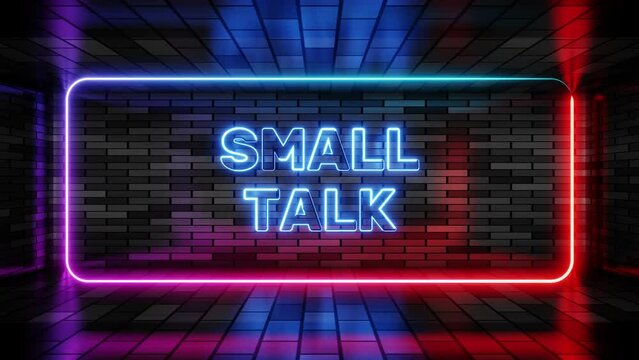 Neon sign small talk in speech bubble frame on brick wall background 3d render. Light banner on wall background. Small talk loop friendly conversation, design template, night neon signboard