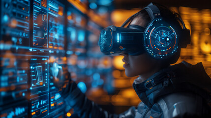 Virtual reality interface with holographic projections, highlighting the interaction between humans and advanced AI systems.