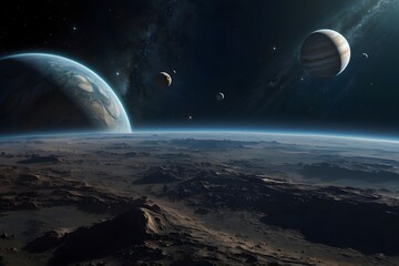 Planets in deep space. Panorama in the endless expanse of space. Cinematic view.