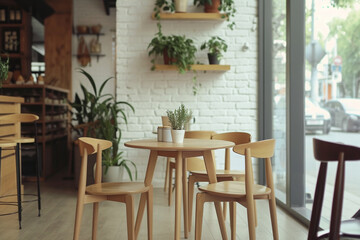 Fototapeta na wymiar Cafe interior, cozy table with chairs opposite a brick wall with plants