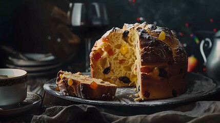 Italian panettone sweet bread loaf studded with candied fruit, served sliced with espresso or sweet wine