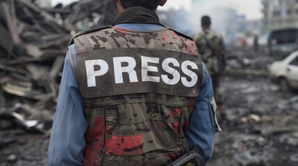 A journalist, wearing a protective vest, stands near a disaster scene with a microphone, reporting live from a war-torn area amidst debris and smoke.