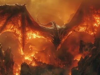 Wyvern circling volcanic spires screeching calls that summon storms of ash - obrazy, fototapety, plakaty