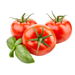 Tomato isolated. Tomato whole, half, on white background. Tomatoes with green basil leaves. Clipping path. Full depth of field., fresh tomatoes, tomatoes on white isolated background