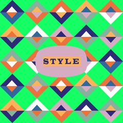 A pattern picture with multi-colored triangles on a bright green background and with the inscription "STYLE"
