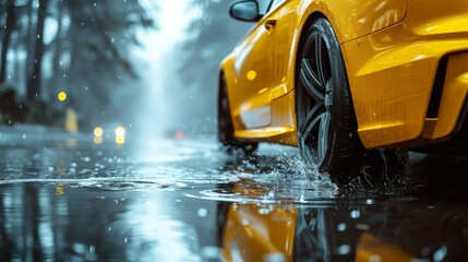 Bright yellow sports car speeding through rainy urban streets on wet pavement in close up view