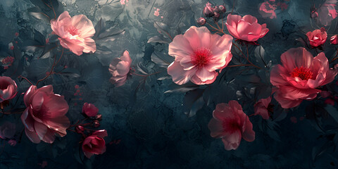 A beautifull garden with pink roses flowers and green leaves on dark view background Ai Generative