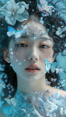 Beautiful girl, front face,Shining silver hair ornament in the shape of a butterfly,face is Japanese, long curly hair,wearing beautiful western style dress,beautiful butterflies flying around,flower
