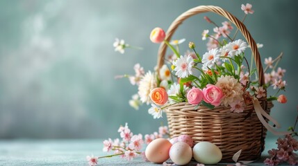 Fototapeta na wymiar Easter Morning: Hand-Painted Eggs and Wildflowers in a Wicker Basket