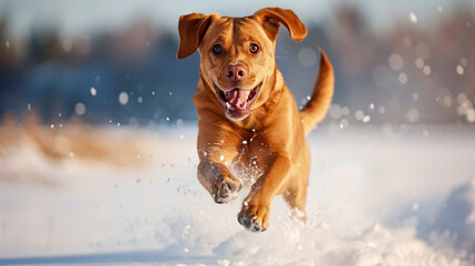 Portrait of a happy dog running in snow in winter.