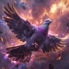 Pigeon with meteorite feathers orbit flight space coo - obrazy, fototapety, plakaty
