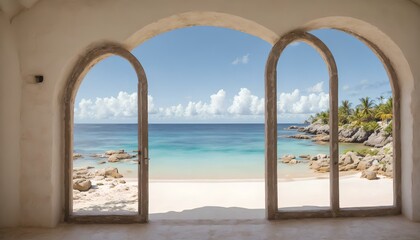 Beach view through arches with blue sea and sky background.