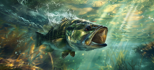 Black bass in shallow water. Active hunt.