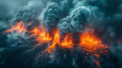 A raging inferno engulfs the serene mountain as the fiery lava cascades down, leaving behind a trail of destruction and pollution in its wake