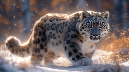 A majestic white tiger braves the wintry terrain, its sleek fur and powerful stance embodying the beauty and resilience of these awe-inspiring big cats