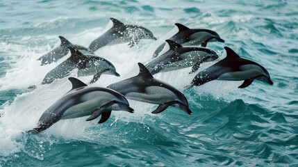 A group of cute dolphins jumping in the blue ocean
