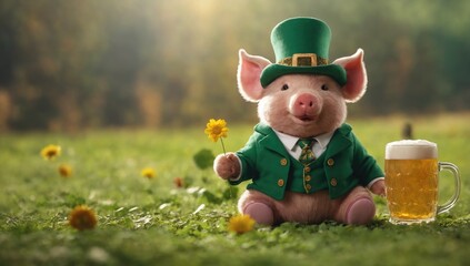 Cute pig in leprechaun costume and hat poses next to glass of beer, against background of blurred...