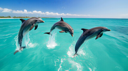 Fototapeta premium A group of cute dolphins jumping in the turquoise ocean