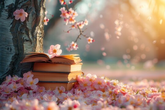 A blanket and a book under a tree in a sunny spring park professional photography