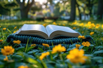 A blanket and a book under a tree in a sunny spring park professional photography