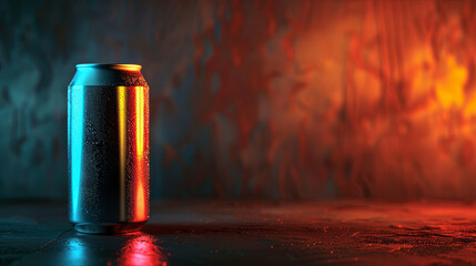 Tin bottle of energy drink in red neon light - obrazy, fototapety, plakaty