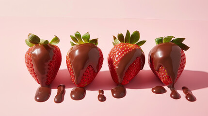 Strawberries in milk chocolate on isolated pink background
