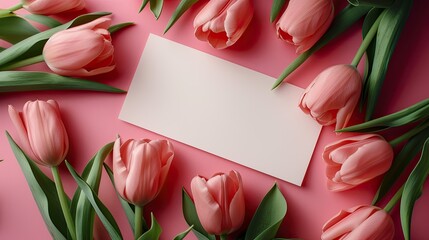 Pink Tulips and White Card on Pink Background