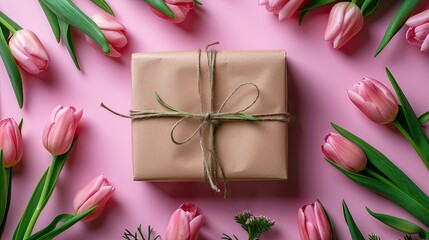 Present Wrapped in Brown Paper Surrounded by Pink Tulips