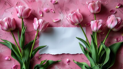 Pink Tulips and Paper on Pink Background