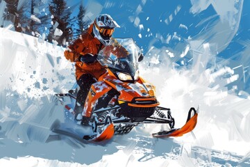 A man rides an ATV off a snowy mountain. Close-up. Active leisure. Winter entertainment.