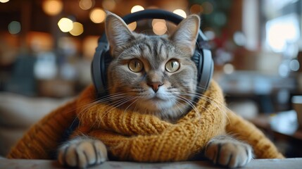 Cat Wearing Headphones and Sweater