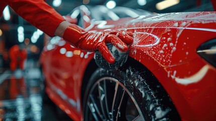 Person in Red Gloves Washing a Red Car - obrazy, fototapety, plakaty