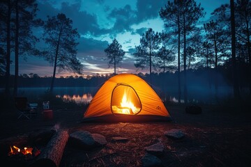 Camping freedom in the nature and having fun with spring wild flowers view