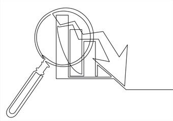 Continuous one line drawing of increasing up arrows bar graph and magnifying glass. Search. Hand drawn design vector illustration.