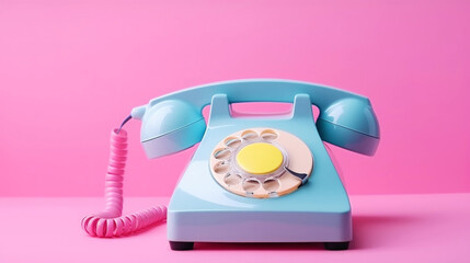 Vintage classic rotary dial light blue phone. Pastel colour palette. Retro concept. Generative AI