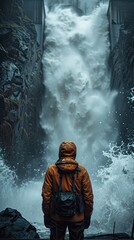 Obraz premium Man Standing in Front of Waterfall