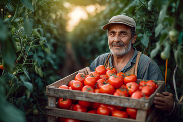 Fototapeta premium A man carries a box of tomatoes in a greenhouse.