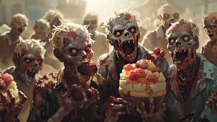 Zombies organizing a bake sale to raise funds for brain-shaped cupcakes and other undead treats