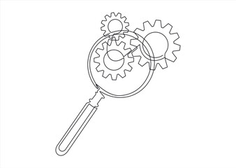 Gears inside Magnifying glass in continuous line drawing. Concept of Business analysis and engine optimization in outline style. Used for logo, emblem, web banner, presentation. Vector Illustration