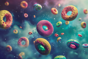 3D rendering of multi-colored donuts floating in outer space 