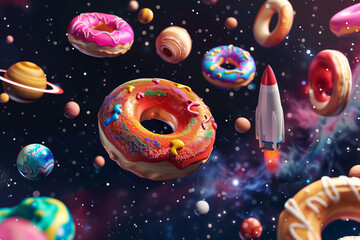 Naklejka premium 3D rendering of multi-colored donuts floating in outer space 