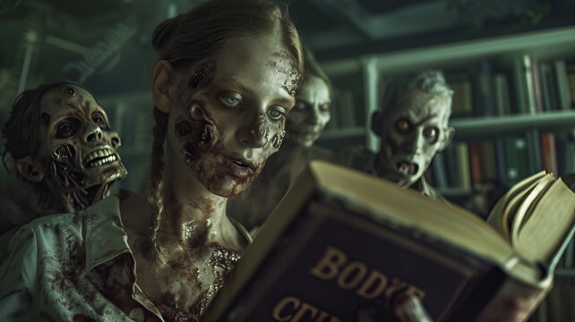 Zombie Book Club: Zombies gathering to discuss their favorite classic literature