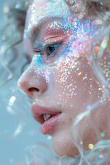 girl's face with holographic shiny makeup close-up