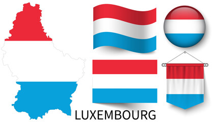 The various patterns of the Luxembourg national flags and the map of Luxembourg's borders