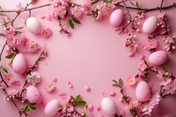 Obraz na płótnie Canvas top view border frame on pastel pink background with Easter eggs and spring flowers. 