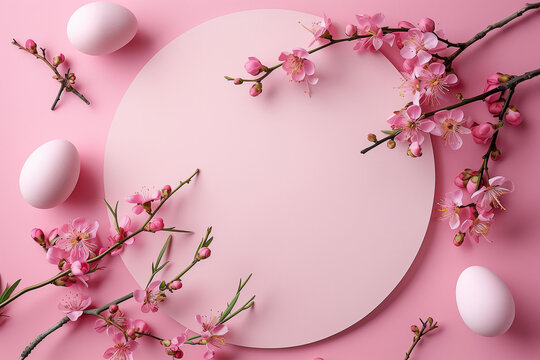 round blank frame on pastel pink background with Easter eggs and spring flowers
