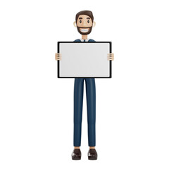 high-quality 3D illustration of a businessman character suitable for use on websites, apps, or similar purposes. The illustration features a handsome man in a dark blue suit.