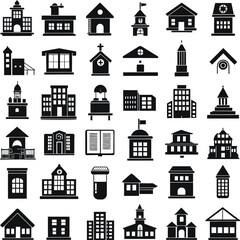 set of educational building icons, school building icons