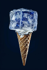 
ice cube in ice cream cone isolated on dark blue background.  - obrazy, fototapety, plakaty